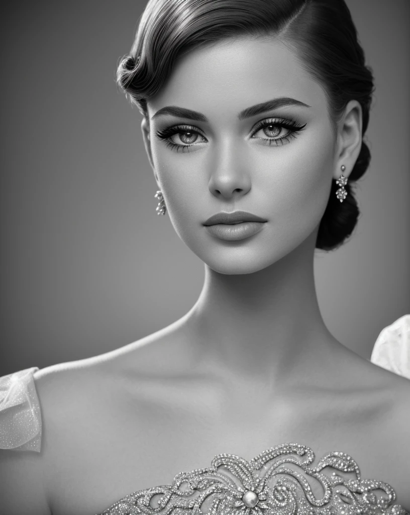 beautiful detailed eyes, beautiful detailed lips, extremely detailed face and skin, 1girl, full body, monochrome, 1950s hairstyle, 1950s makeup, jewelry, formal hairstyle, glamour, (best quality,4k,8k,highres,masterpiece:1.2),ultra-detailed,(realistic,photorealistic,photo-realistic:1.37),chiaroscuro lighting,dramatic lighting,cinematic lighting