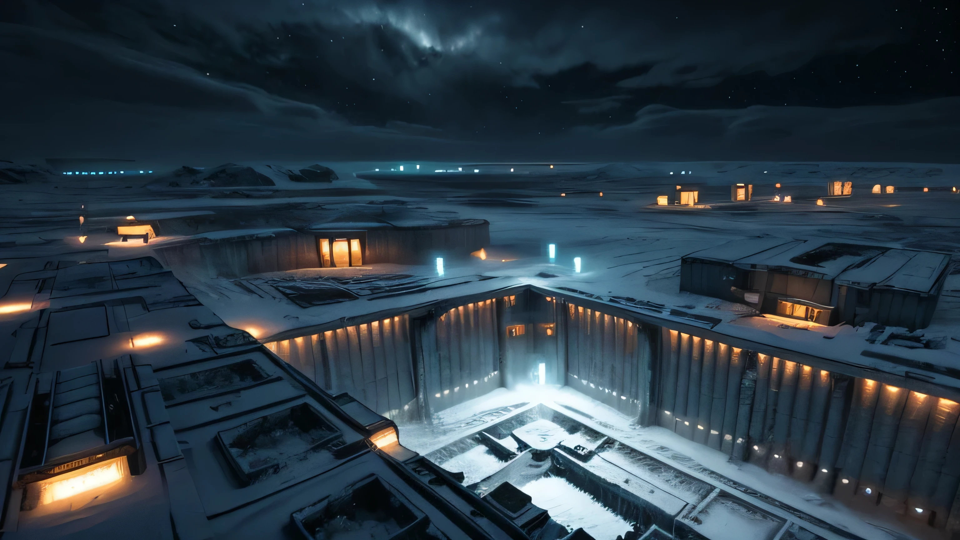 looking down on a massive scale Sci fi ice mining base, desolate and run down, abandoned, distopia, in dark stormy, wintery weather at night, 3d concept art