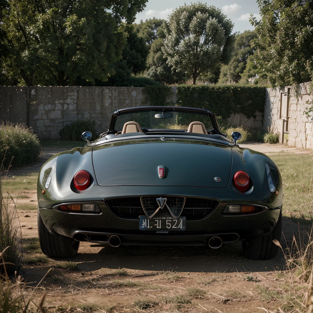 a alfa romeo spyder, sleek marron color, grassy field, intricate detail, sharp, high contrast, 35mm lens, f/1.2, octane render