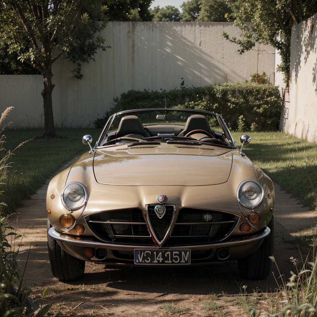 a alfa romeo spyder, sleek marron color, grassy field, intricate detail, sharp, high contrast, 35mm lens, f/1.2, octane render