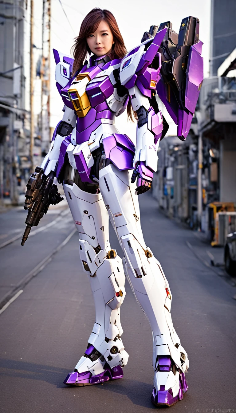 RAW, Masterpiece, Ultra Fine Photo,, Best Quality, Ultra High Resolution, Photorealistic, Sunlight, Full Body Portrait, Stunningly Beautiful,, Dynamic Poses, Delicate Face, Vibrant Eyes, a full body of a woman in a purple and white gundam custume, dybamic pose, long brown very very long hair rapunzel, girl in mecha cyber armor, portrait armored astronaut girl, d. va from overwatch, female mecha, on a gundam, gundam head, chiho aoshima color scheme, mobile suit, streamlined purple armor, fully robotic!! girl, realistic cosplay, gundam armor , full body, sit down, full body