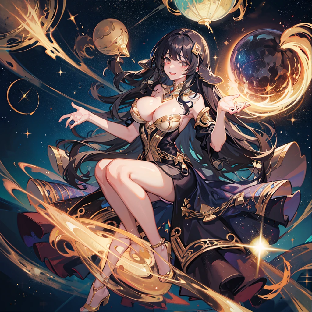 Woman with very long wavy big breast and black hair tan skin wearing a beautiful glitter dress and smiling up. Little, surrounded by outerspace, planets, and galaxies