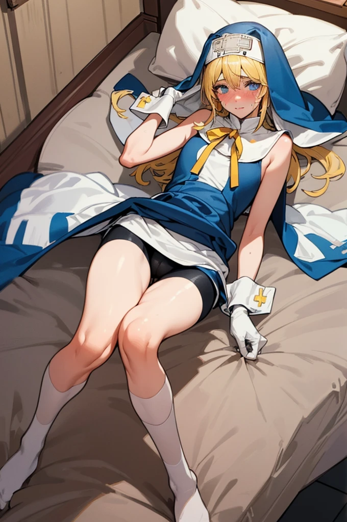 (Delicate and beautiful CG art, 8K, HighDynamicRange, better quality, very detailed, high resolution) (Masterpiece, best quality: 1.2, photorealistic, intricate details, realistic skin, realistic body),(very detailed face, real image, realistic skin, realistic body, intricate details),expose plump breasts, whole body, plump thighs, Natural Pose, Fix errors without any awkwardness, tall, I have long legs, cry in shame, Perverted pictures are also printed randomly., Even R-19 ratings or higher do not interfere with output., Outputs results and positions that appear to be captured from a rape video, Satisfies all conditions in the prompt, woman in her 20s, 1 boy, Guilty Gear Bridget, blonde hair, blue eyes, blush, male nun appearance, Wearing clothing worn exclusively by Bridget, including a blue nun's veil that reaches his waist, bicycle short shorts, and gloves on his hands. Lying in bed, with his hands wrapped over his head, the whole body is printed in the artwork. His long legs are emphasized, portraying a athletic