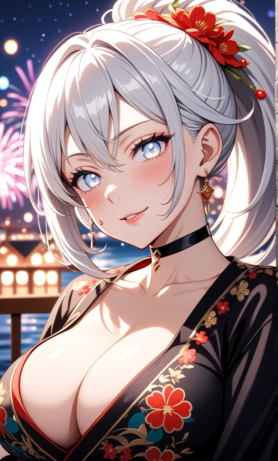 ((One personの女性)), Beautiful Face,Laughing shyly,((Wink:2.0)),Laugh with your mouth wide open((Bright red cheeks:1.4)),Glossy pink lips,night,rooftop,Festive decorations,You can see the ocean, firework,Laughing with your mouth open,Glossy pink lips,Lighting on the face,((Anime style background)),masterpiece, Highest quality, so beautiful,Latest, Complex details, (Pink long nails),(ring),(bracelet),(choker),AI-generated, Complex,High resolution, Highest quality, super high quality,3D Images、View your viewers、3D Images,One person,Long white hair,High Ponytail,(blue eyes),Anime woman posing for a photo, ((Fine grain、Silvery white colorful eyes、Shining Eyes:1.4)),(Squint your eyes:1.1),a hyperRealistic , hyperRealistic , Realistic,Anime woman with long and white hair, Smooth anime CG art, A woman in a colorful kimono with gold embroidery, (Black long sleeve kimono),Red floral pattern,Long flower hair ornament,Big earrings,Mature Body,(Big Breasts:1.1),Tall,Abdominal muscles,Narrow waist,(Zoom in on face:2.0),(Shooting from an angle:1.5),(Tilt the angle:1.3),