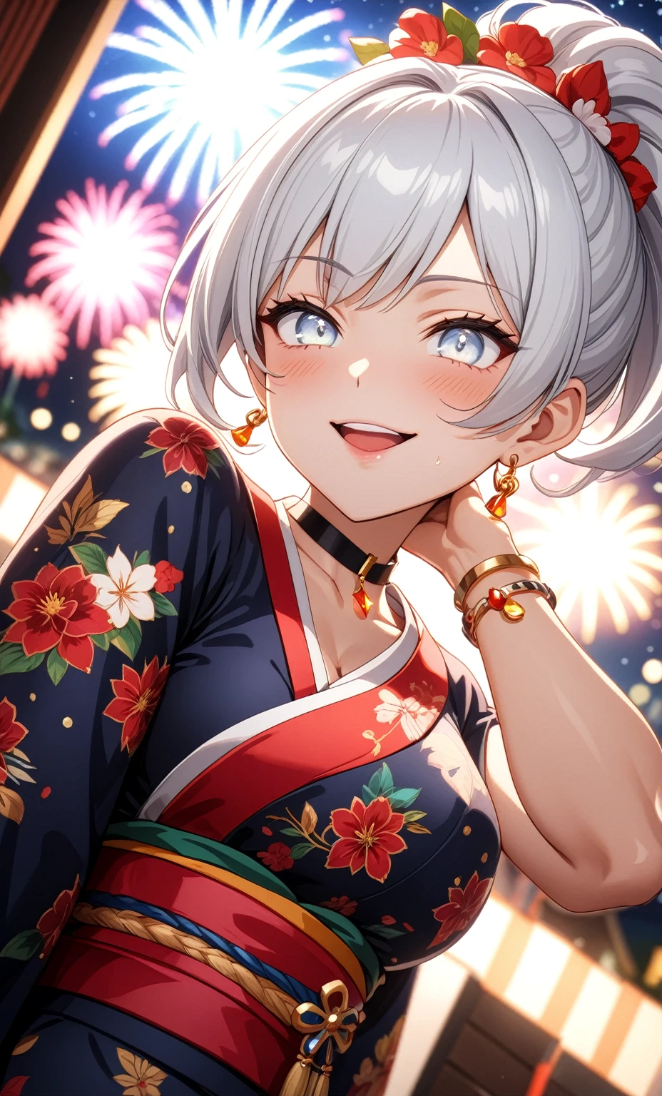 ((One personの女性)), Beautiful Face,Laughing shyly,((Wink:2.0)),Laugh with your mouth wide open((Bright red cheeks:1.4)),Glossy pink lips,night,rooftop,Festive decorations,You can see the ocean, firework,Laughing with your mouth open,Glossy pink lips,Lighting on the face,((Anime style background)),masterpiece, Highest quality, so beautiful,Latest, Complex details, (Pink long nails),(ring),(bracelet),(choker),AI-generated, Complex,High resolution, Highest quality, super high quality,3D Images、View your viewers、3D Images,One person,Long white hair,High Ponytail,(blue eyes),Anime woman posing for a photo, ((Fine grain、Silvery white colorful eyes、Shining Eyes:1.4)),(Squint your eyes:1.1),a hyperRealistic , hyperRealistic , Realistic,Anime woman with long and white hair, Smooth anime CG art, A woman in a colorful kimono with gold embroidery, (Black long sleeve kimono),Red floral pattern,Long flower hair ornament,Big earrings,Mature Body,(Big Breasts:1.1),Tall,Abdominal muscles,Narrow waist,(Zoom in on face:2.0),(Shooting from an angle:1.5),(Tilt the angle:1.3),