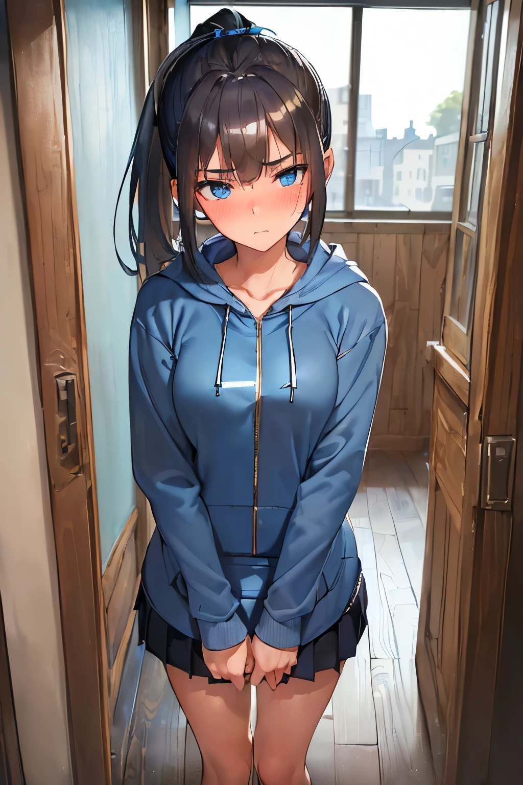 ((best quality)), ((masterpiece)), ((detailed)), (((perfect face))), (((18yo teenage girl))), ((((blue hoodie with silver zip)))), ((dark blue pleated skirt from waist to thighs))), ((dark brown hair)), ((short ponytail)), (((blue eyes))), ((shy:1.2)), ((blushing:1.3)), (((interior home corridor, wooden floorboards, window))), (((standing))), (((close up on upper body)))