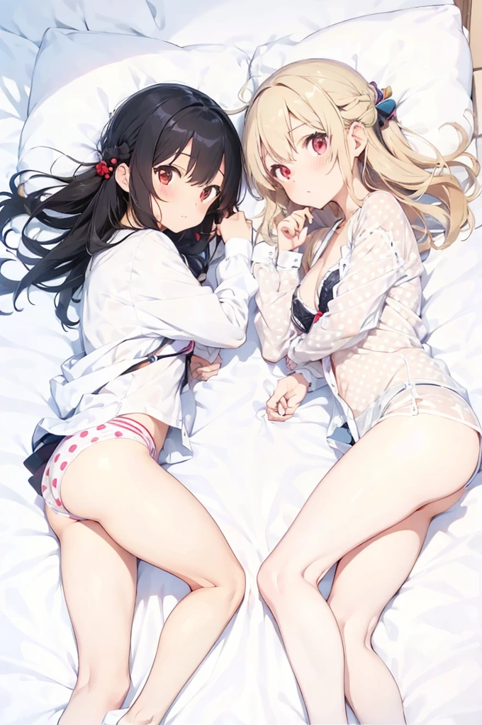 there are two anime girl on a bed and a third one on the floor, illyasviel von einzbern, multiple girls, 2girls, underwear, black hair, panties, long hair, striped, miyu edelfelt, shirt, bra, red eyes, on side, hair ornament, lying, white shirt, open shirt, polka dot, blonde hair