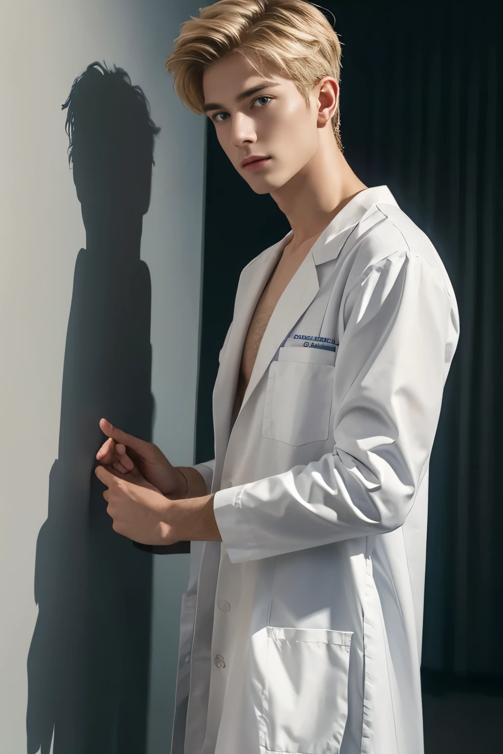 masterpiece, best quality, high resolution, closeup portrait, male focus, solo focus, a young man, blonde hair, 25 years old, not shaved, dimples, pretty and cute face, roman nose, attractive and seductive, half naked doctor, mess hair, very skinny body, undressing the uniform, doctor uniform, bare chest, spreading hairy legs, in a doctor uniform wearing a black underwear, in the background a hospital room, amazing composition, front view, HDR, volumetric lighting, ultra quality, elegant, highly detailed