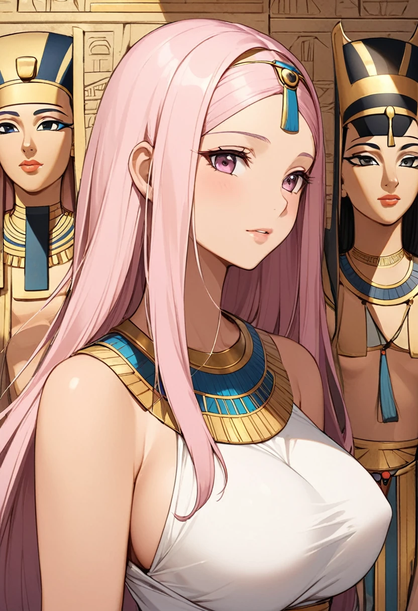 woman, light pink hair, long hair, open forehead, without bangs, big breasts ancient egypt, clothes of ancient Egypt 