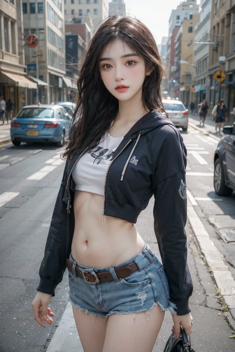 Girl in street scene, Hip-hop belly-baring hoodie, Long sleeve,Exposed lower abdomen,Low-rise shorts, Metal belt,((cowboy shot)),Looking at the camera,Detailed facial features, beautiful eyes, Lips, and long eyelashes, Reality, 8K, HD real skin,Visible pores,Very detailed, Studio Lighting, Dramatic Lighting, Vibrant colors, work, City Streets,The abdomen is open,Showing belly,Sexy abdominal muscles