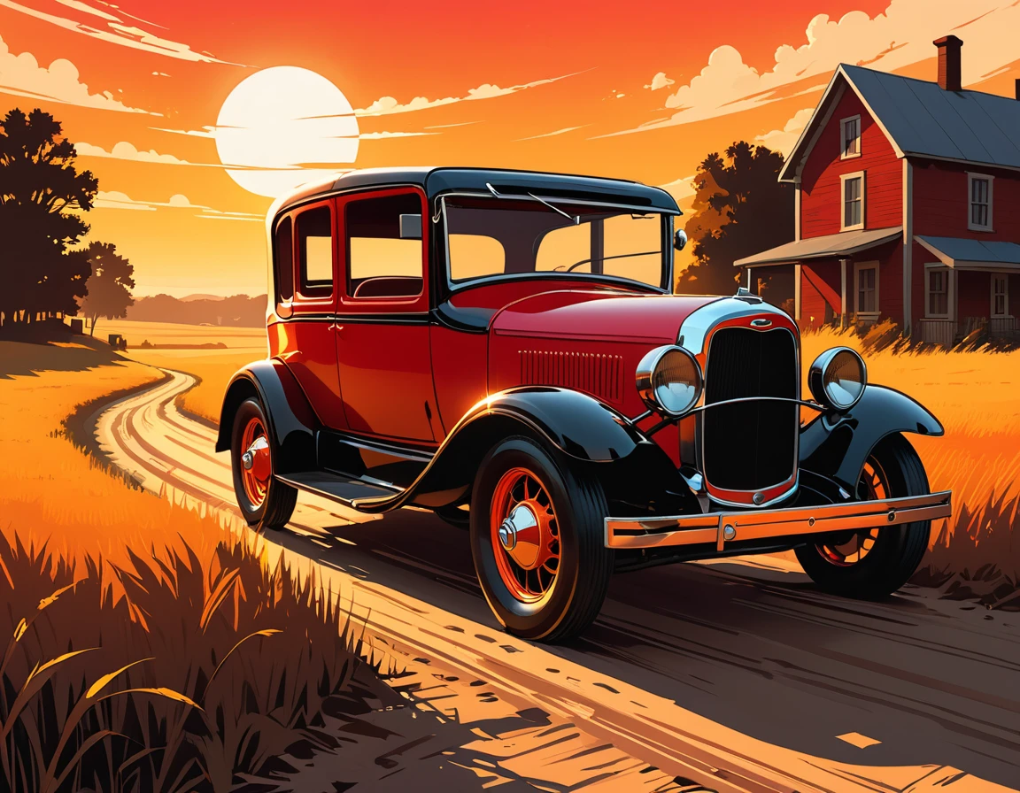 stylized digital art featuring a dark red Ford T jalopy parked by a dirt road through a field during sunset. The sky is painted in warm shades of orange, yellow and red. The jalopy is portrayed from the corner, with its shiny red bodywork. Its wheels are classic, with a white stripe, rubberized tire and shiny metal rim that reflects the light of the setting sun. The jalopy's headlights are on. The field is filled with tall grass that sways in the wind. The grass is represented in shades of brown, with some lighter areas, which could be an artistic choice to emphasize the intensity of the scene. The overall art style is reminiscent of comic book art, with bold lines and a limited color palette that enhance the dramatic effect of the scene. Art by Dechko Uzunov, highly detailed vector art, vintage art style, comic book art, digital Ford T, Martin Ansin, by Evan Charlton, symmetry!, by Eddie Mendoza, sunset illustration sun, featured art, digital colorful illustration, (masterpiece), best quality
