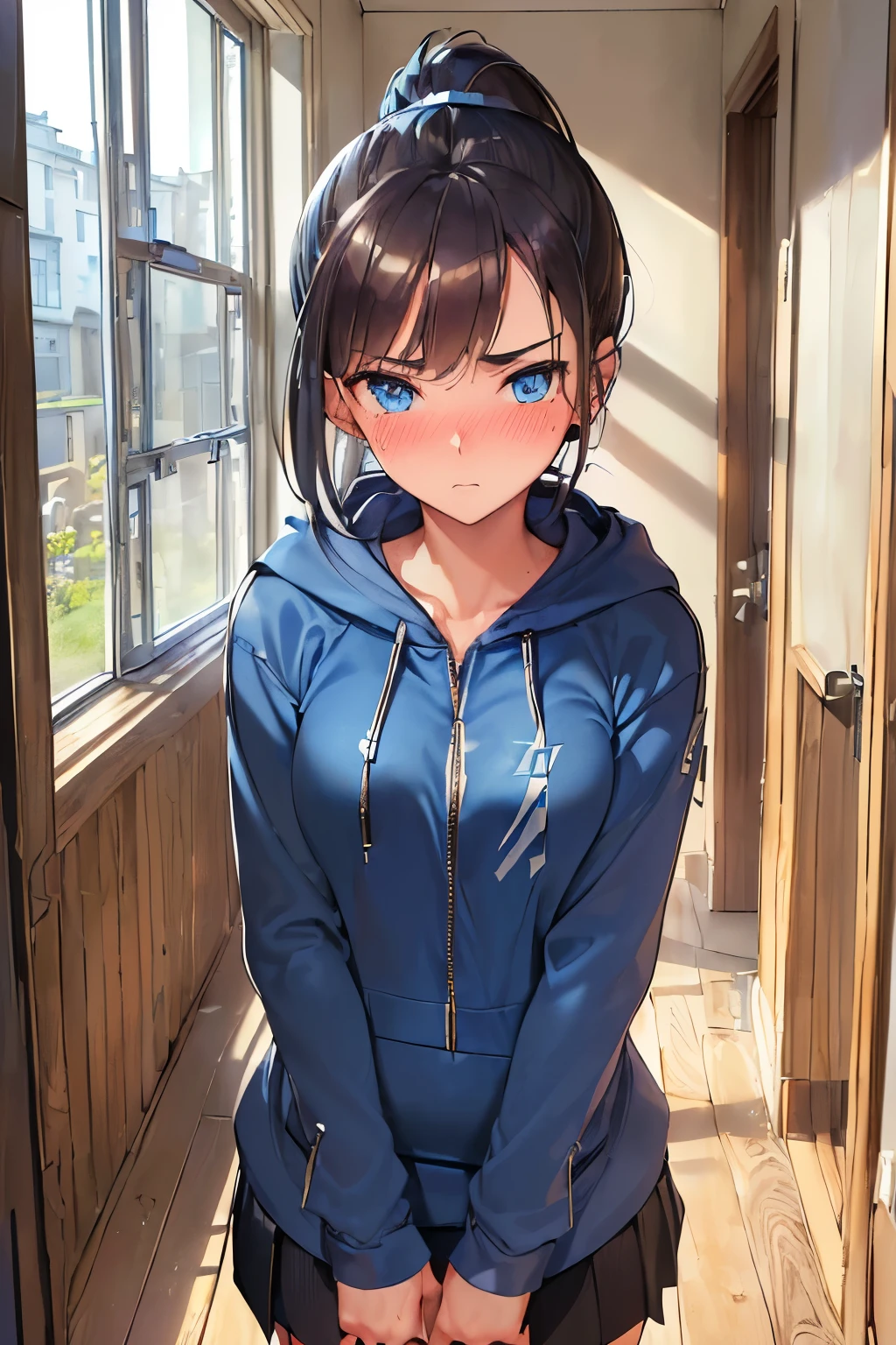 ((best quality)), ((masterpiece)), ((detailed)), (((perfect face))), (((18yo teenage girl))), ((((blue hoodie with silver zip)))), ((dark blue pleated skirt from waist to thighs))), ((dark brown hair)), ((short ponytail)), (((blue eyes))), ((shy:1.2)), ((blushing:1.3)), (((interior home corridor, wooden floorboards, window))), (((standing))), (((close up on upper body)))