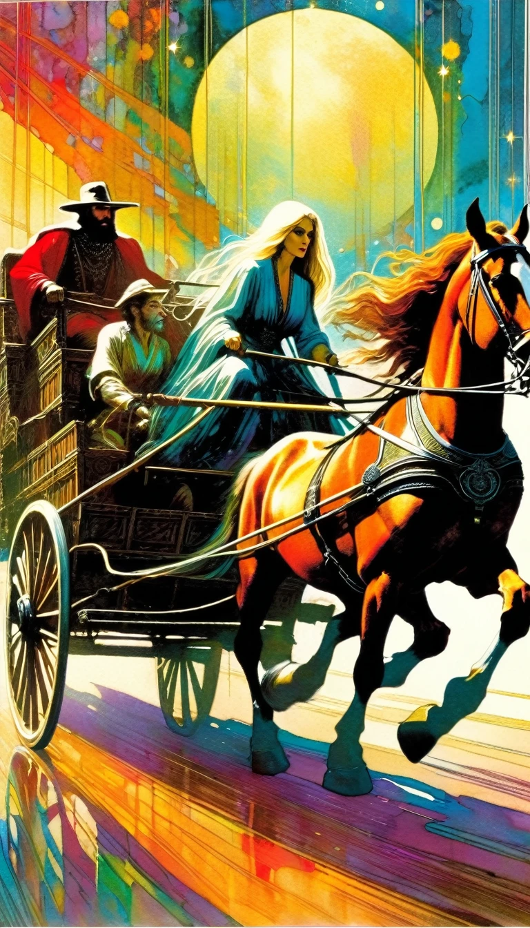 ((tarot card)) ((card frame)) , the chariot,woman in a cart pulled by two horses, artwork artwork by Bill Sienkiewicz, vivid colors, intricate details, oil.