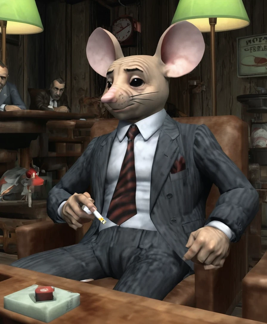 A sad, melancholic, mouse dressed in a suit and tie, mafia style, smoking a cigarette, Sitting in an armchair in a 1950s bar, Playstation 1 Graphics, PS1 Game, low poly, playstation 1 still