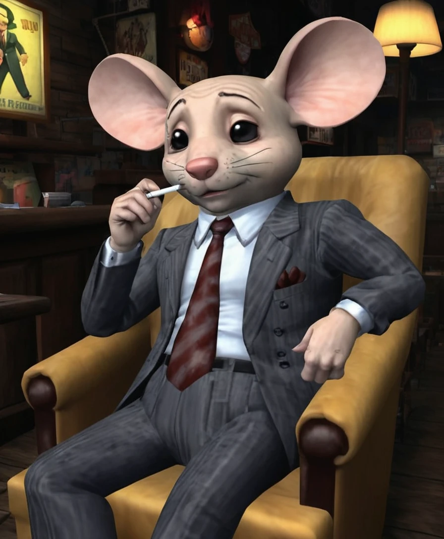 A sad, melancholic, mouse dressed in a suit and tie, mafia style, smoking a cigarette, Sitting in an armchair in a 1950s bar, Playstation 1 Graphics, PS1 Game, low poly, playstation 1 still