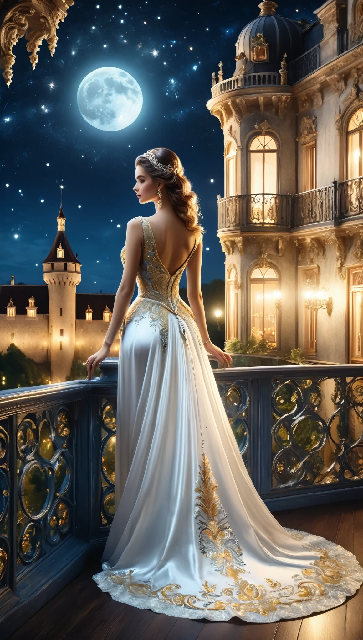 Scene of a night dance party being held at a castle,A beautiful woman in a white evening dress stands on the balcony,woman is looking outside,You can see the lights of the castle town at night and the beautiful night sky from the balcony.,The dance party is held in a rococo style room.,Chic, elegant, and with a calm atmosphere,Draw the back view of a woman standing on the balcony,photoreal,beautiful,night view,structurally correct,anatomically correct,BREAK,The evening dress worn by the woman is very luxurious,Embroidered with silver and gold thread,absurdity,zentangle,Intricate details,Wide range of colors,artwork,rendering,(masterpiece:1.3),(highest quality:1.4),(Super detailed:1.5),High resolution,Very detailed,unity 8k wallpaper