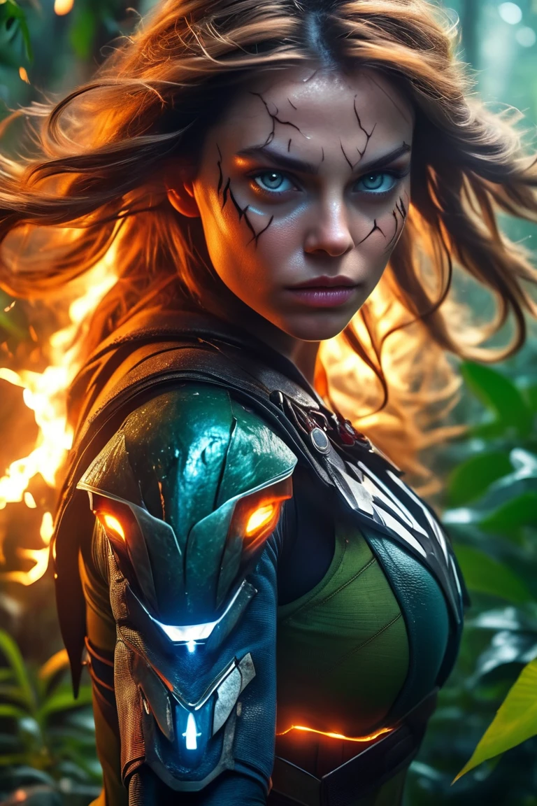 (hyperreal:1.4),
(((full body shot:1.5))), RAW, emotional, dynamic, distortion for emotional effect, bright, use of unusual colors, Nice cinematography, (realistic, photo realistic:1.4),
demon girl, armed, jungle, Quiet Bay, superhero with magical powers, creating such elements, like fire and lightning, radiating an aura of mystery,
detailed eyes, detailed face, Detailed skin,