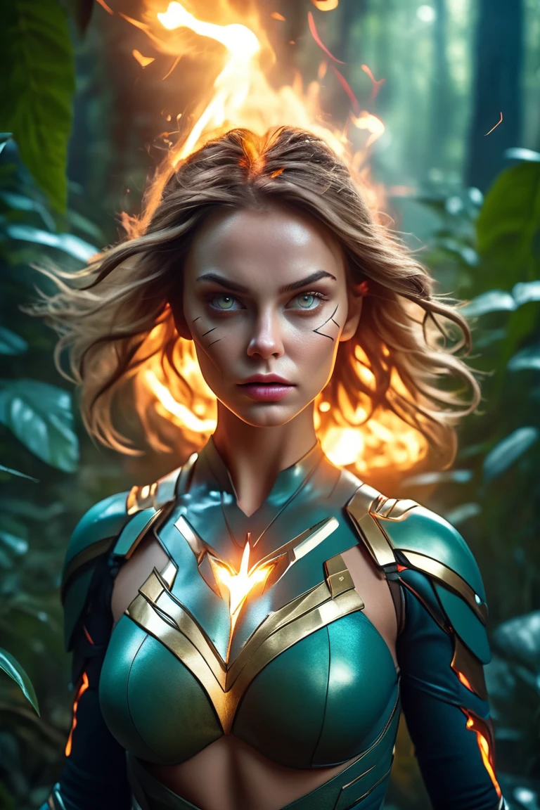 (hyperreal:1.4),
(((full body shot:1.5))), RAW, emotional, dynamic, distortion for emotional effect, bright, use of unusual colors, Nice cinematography, (realistic, photo realistic:1.4),
demon girl, armed, jungle, Quiet Bay, superhero with magical powers, creating such elements, like fire and lightning, radiating an aura of mystery,
detailed eyes, detailed face, Detailed skin,