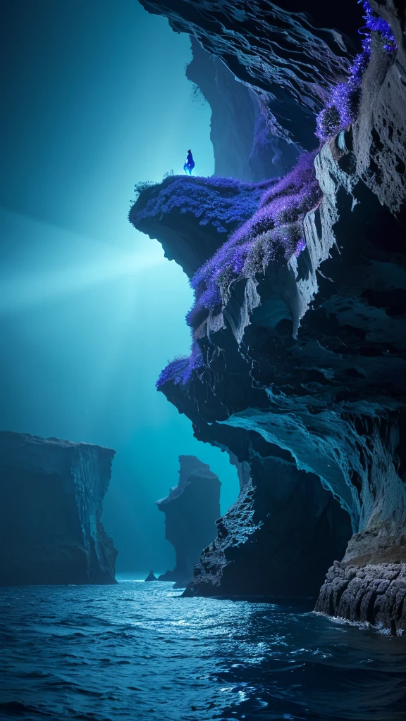 a deep sea world where light cannot reach, dark blue and purple colors dominate, with bioluminescent deep-sea creatures scattered throughout, massive rock formations and eerie swaying seaweed, cliffs at the edges of the frame, (best quality,4k,8k,highres,masterpiece:1.2),ultra-detailed,(realistic,photorealistic,photo-realistic:1.37),extremely detailed deep sea landscape, dark blue and purple color tones, bioluminescent deep sea creatures, towering rock formations, swaying kelp and seaweed, dramatic cliff edges, cinematic lighting, realistic ocean textures