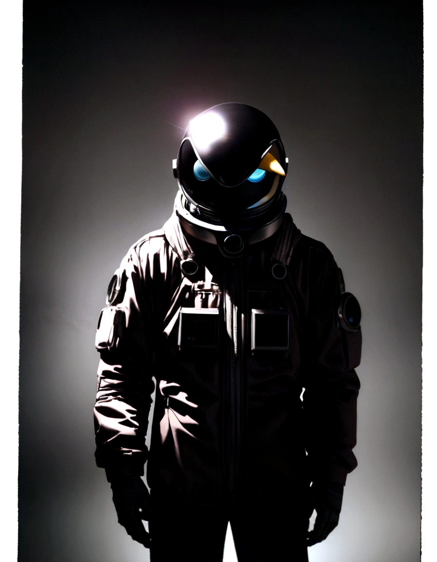 man with bird head in retro astronaut costume, without a helmet, poses no photo set, side lighting, half-body shot, top quality photo