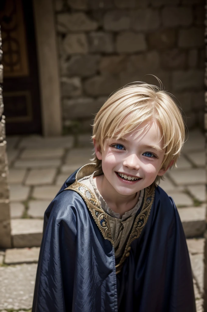 little boy, medieval ages, medieval noble clothing, vampire, sharp teeth, cute, blonde hair, blue eyes, alone, in the shadows, hiding, smiling.