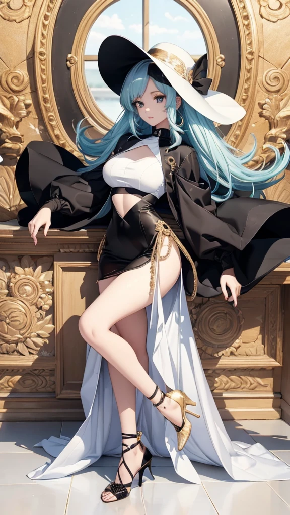 ((detailed)), ((anime)), adult woman, white-haired, cyan eyes, black mermaid dress, white crop top jacket, gold accessories, black high heels, white wide-brim sun hat
