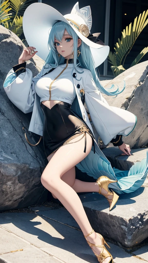 ((detailed)), ((anime)), adult woman, white-haired, cyan eyes, black mermaid dress, white crop top jacket, gold accessories, black high heels, white wide-brim sun hat
