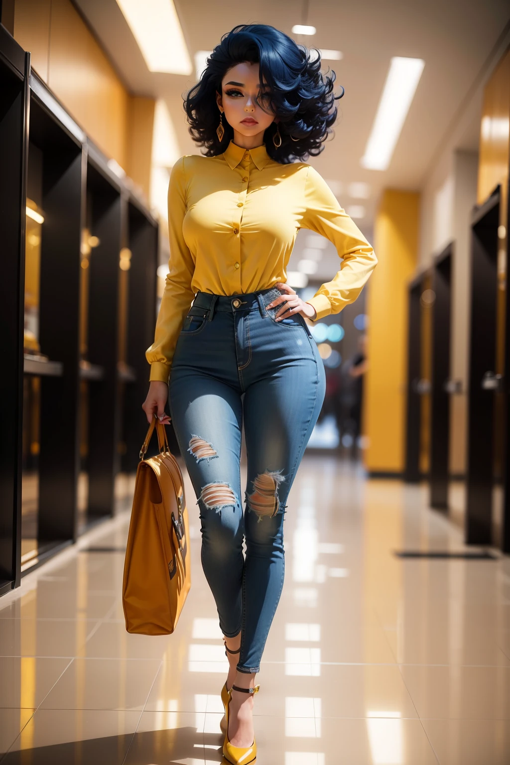 Elegant woman with big blue hair and high heels skinny jeans and tight shirt yellow color woman big hair high heels.