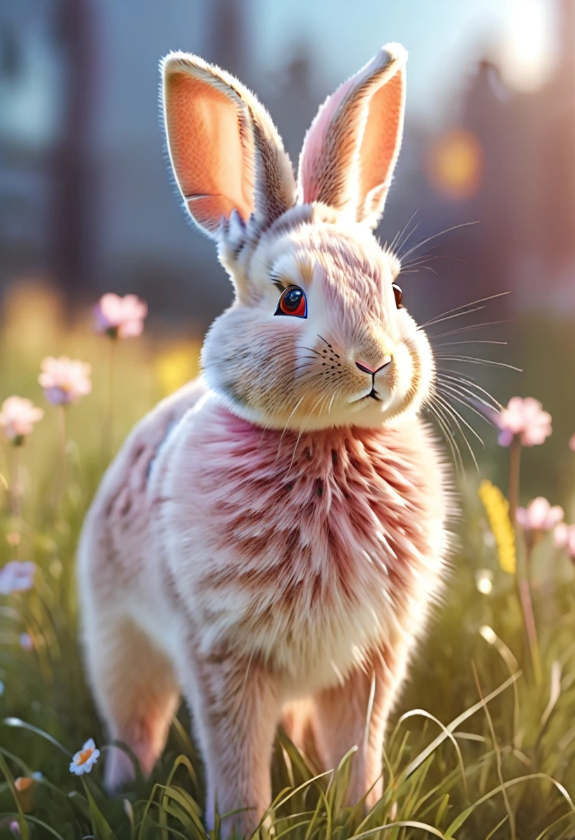 a cute pink rabbit, adorable bunny, fluffy fur, big eyes, button nose, small paws, realistic, photorealistic, (best quality,4k,8k,highres,masterpiece:1.2),ultra-detailed,(realistic,photorealistic,photo-realistic:1.37),vibrant colors,soft lighting,natural environment,detailed grass and flowers,cute and whimsical,warm and inviting,highly detailed,intricate details