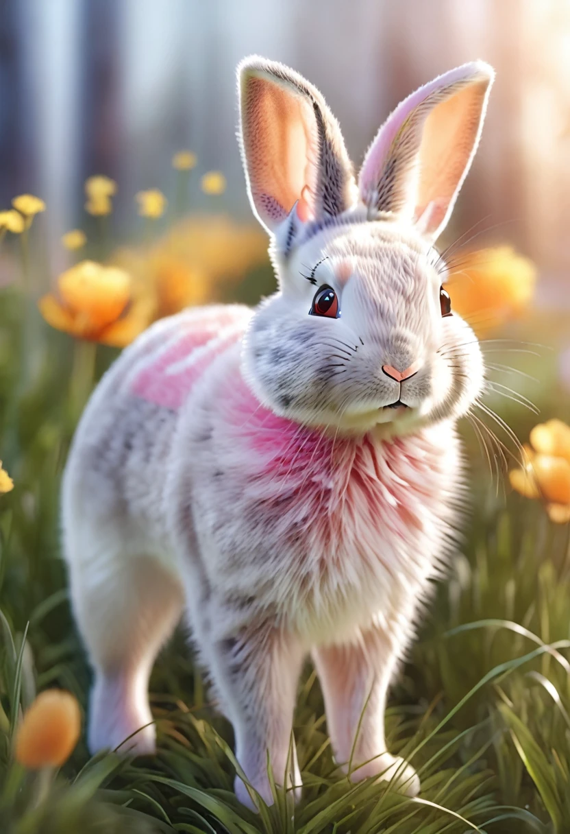 a cute pink rabbit, adorable bunny, fluffy fur, big eyes, button nose, small paws, realistic, photorealistic, (best quality,4k,8k,highres,masterpiece:1.2),ultra-detailed,(realistic,photorealistic,photo-realistic:1.37),vibrant colors,soft lighting,natural environment,detailed grass and flowers,cute and whimsical,warm and inviting,highly detailed,intricate details