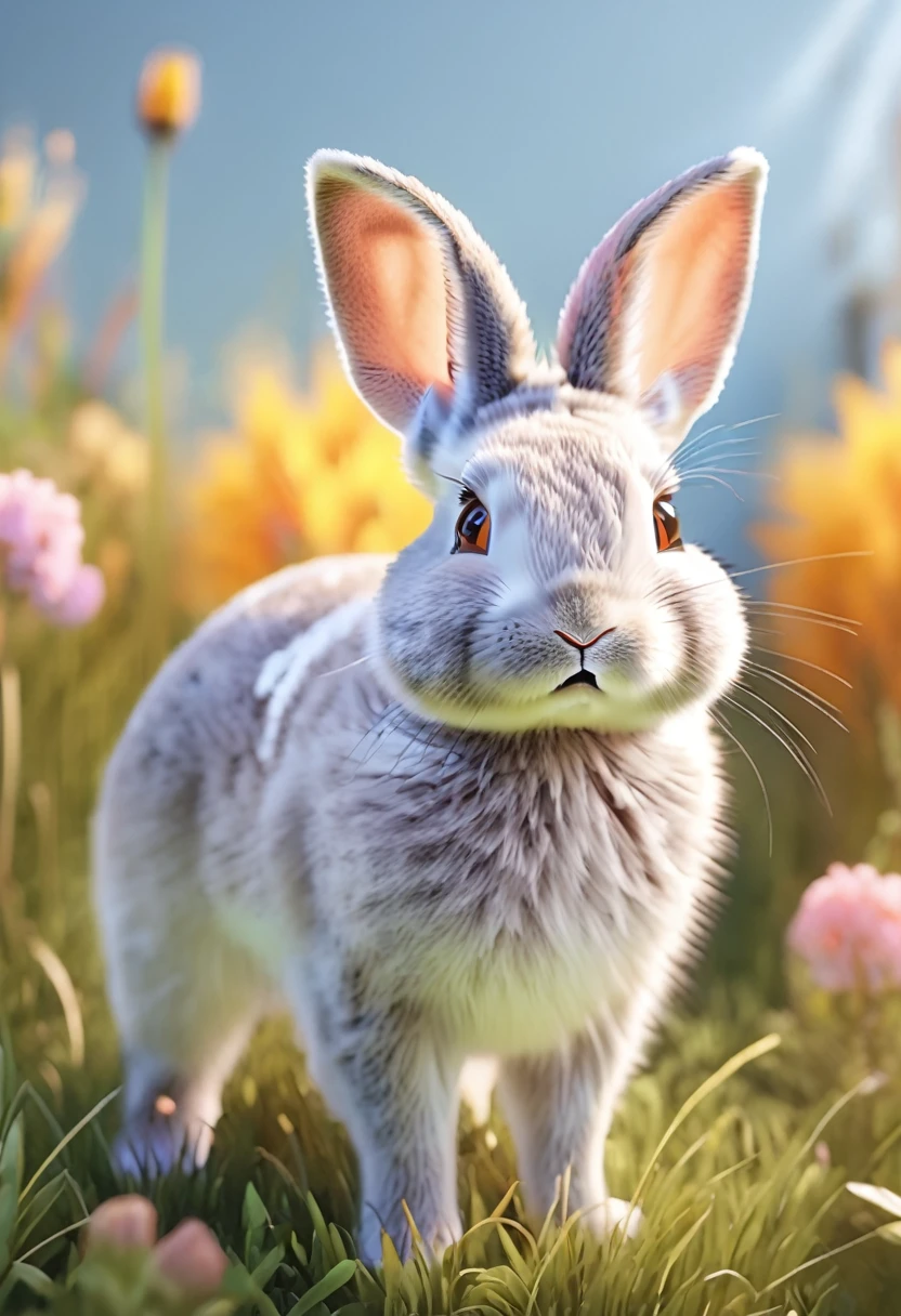 a cute pink rabbit, adorable bunny, fluffy fur, big eyes, button nose, small paws, realistic, photorealistic, (best quality,4k,8k,highres,masterpiece:1.2),ultra-detailed,(realistic,photorealistic,photo-realistic:1.37),vibrant colors,soft lighting,natural environment,detailed grass and flowers,cute and whimsical,warm and inviting,highly detailed,intricate details