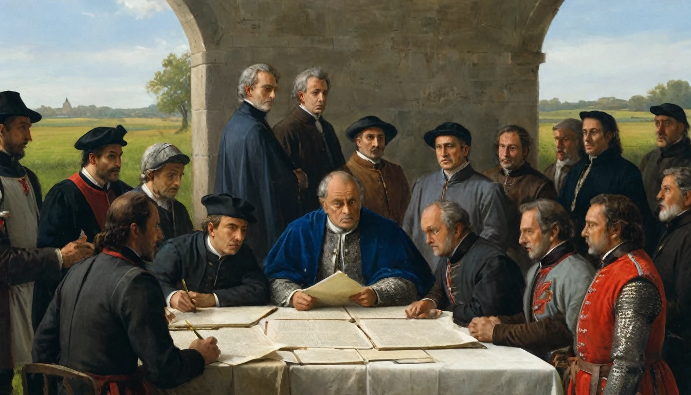 14th century, Treaty of Brétigny. The scene shows a negotiating table in an open field, where English and French representatives are meeting to discuss the terms of the Treaty of Brétigny. The English, dressed in noble clothes and visible coats of arms, are sitting on one side of the table with serious and determined expressions. In front of them, the French, also dressed in noble suits and with French banners in the background, listen attentively to the proposals. In the center of the table, there are scrolls and documents spread out, showing maps and terms written in detail. The setting is calm but tense, with blue skies and scattered clouds over the open countryside. The atmosphere is one of diplomacy and negotiation, capturing the historic moment of the treaty that sought to end hostilities between England and France in the 14th century., Hyperrealism, UHD, retina, masterpiece, accurate, anatomically correct, textured skin, super detail, award winning, 8k