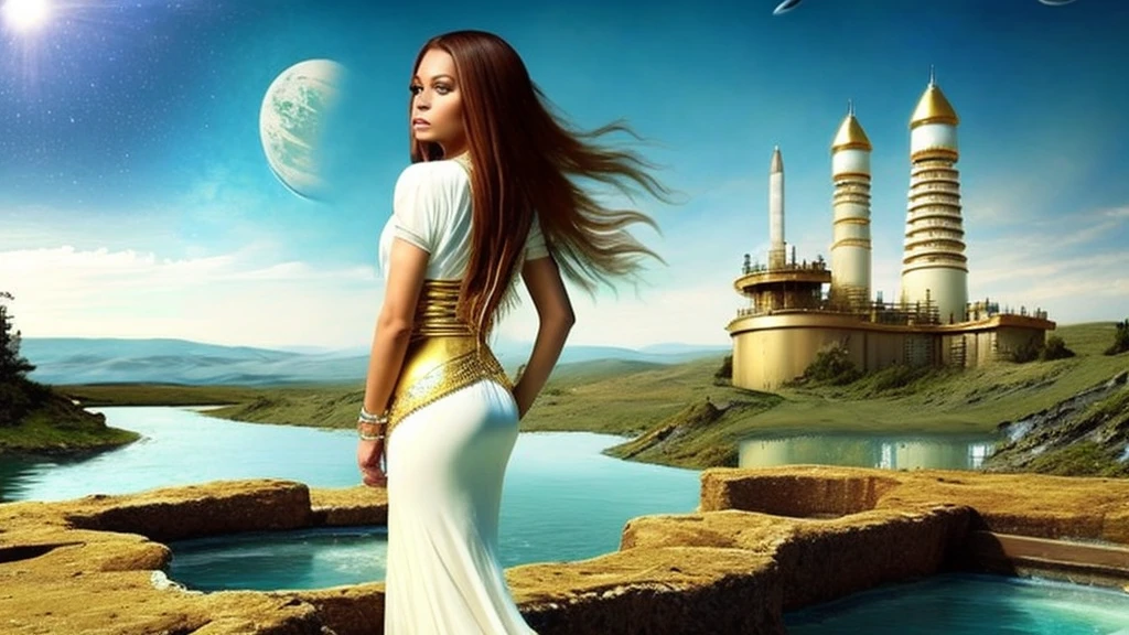 IN FRONT OF A WATER WELL, woman long hair, OUT OF THIS WORLD LANDSCAPE WHITE IVORY TOWERS CXOM GOLD