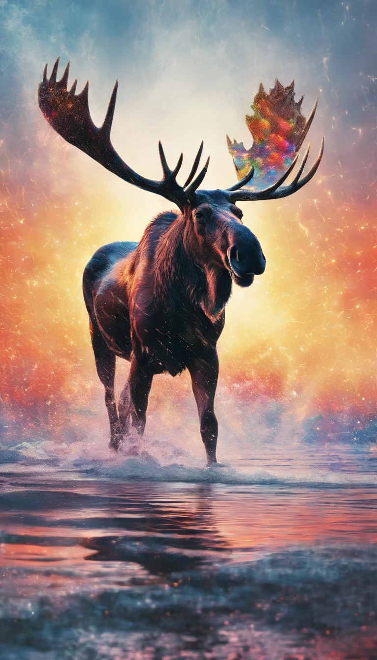  pixel dream of a glitch wave in the diffusion stream of light splitting into neutrons in hyperrealistic micro collage in the image of a running moose,CGI,Digital-art,1024 K