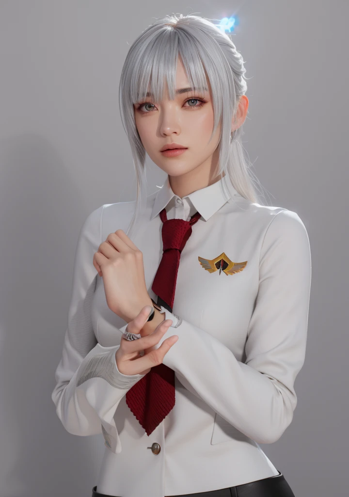 Masterpiece, Best quality, High quality, High Definition, High quality texture, High quality shadows, High detail texture, Realistic, Level Light, Side lighting, lens flare, Ray Tracing, Sharp focus,Silver hair，leader，Domineering，despise，Black Eyes