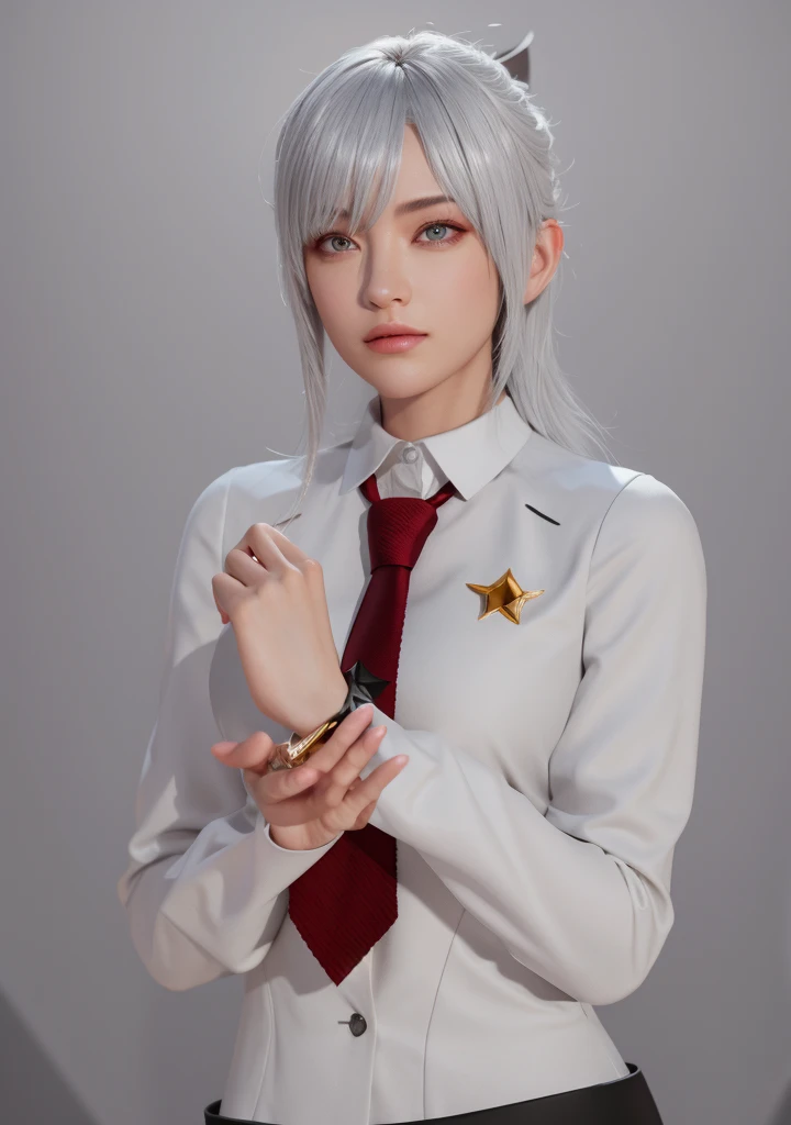 Masterpiece, Best quality, High quality, High Definition, High quality texture, High quality shadows, High detail texture, Realistic, Level Light, Side lighting, lens flare, Ray Tracing, Sharp focus,Silver hair,leader,Domineering,despise,Black Eyes