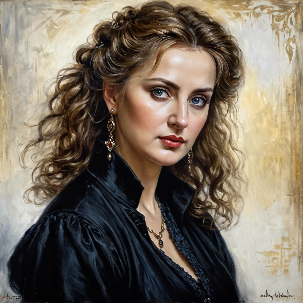 portrait, extremely gorgeous, 45 years old Woman, middle ages, thick figure, classicism, andrey atroshenko style, painting, pierced eyes, beautifully styled hair, traditional media, realistic, figurative, fine art, oil on canvas, HDR, 8K, original character, high resolution, vivid colours, high detail, focus on the face, beautiful eyes