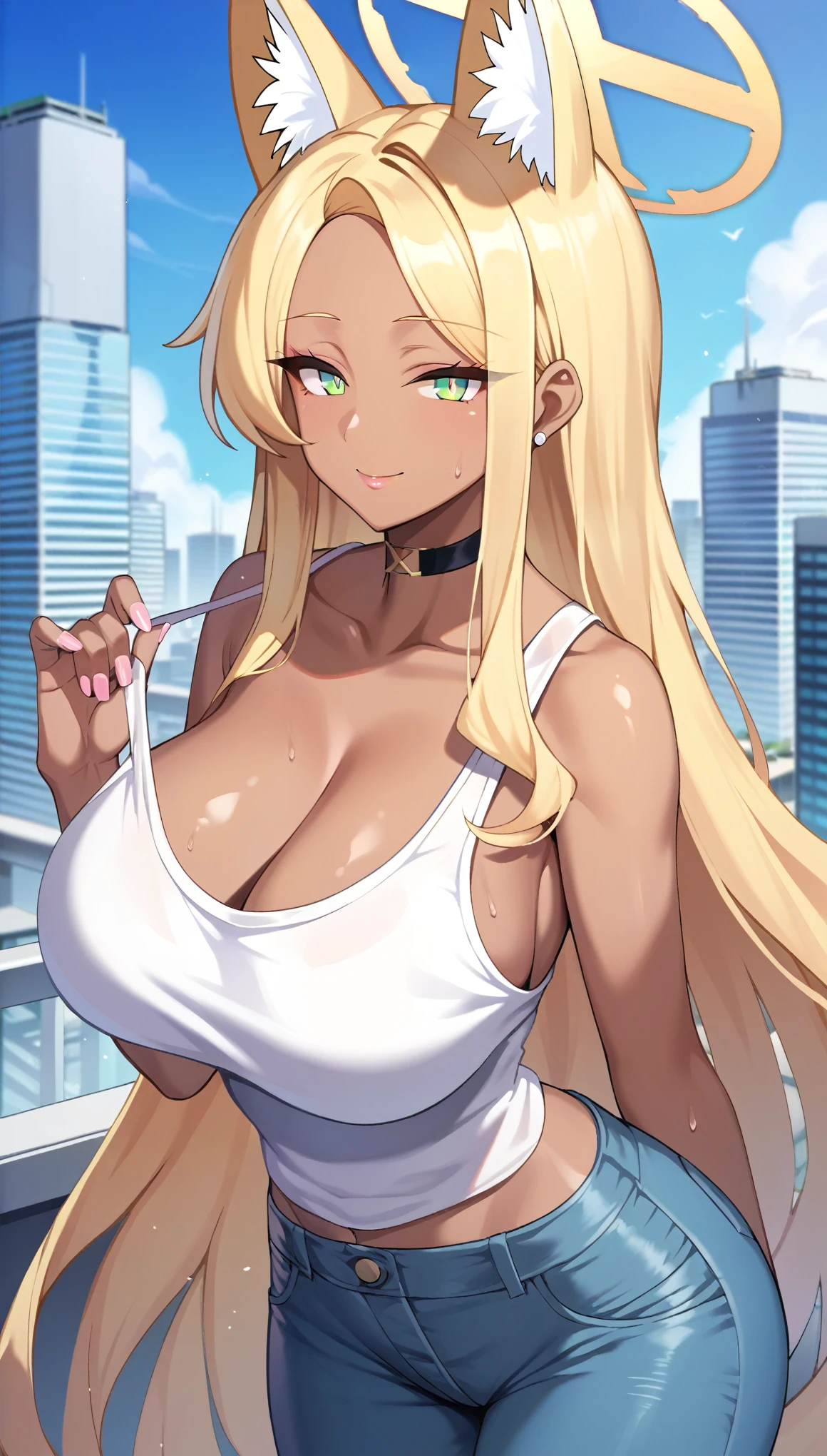 score_9, score_8_up, score_7_up, BREAK, masterpiece, best quality, extremely detailed, 1girl, (milf, gyaru:1.2), solo, (dark skin, black skin:1.8), seia \(blue archive\), (large breasts:1.2), ((((blonde hair), very long hair, green eyes, halo, fox ears))), parted lips, (((choker, tanktop, jeans)), ((light smile), closed mouth), ((futuristic cityscape))