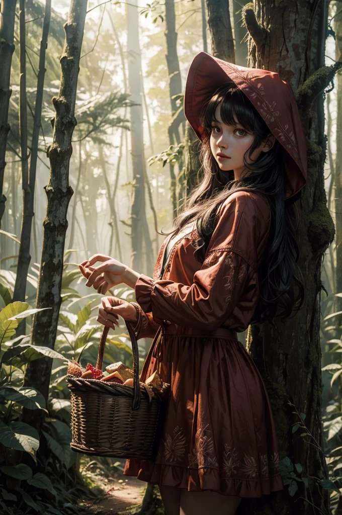 Girl "Little Red Riding Hood" saunters through the dense forest with an exquisite, overflowing basket of freshly baked pies in her hand. The luscious, enticing aroma of the pastries wafts through the air, creating a contrast against the ominous silence of the woods. In the shadows, the cunning Gray Wolf lies in wait, his eyes following the girl with a predatory glint.
The forest's backdrop is a masterpiece of breathtaking, ultra-fine details—from the vibrant leaves rustling in the wind to the intricate patterns etched onto the tree trunks, the scene is bathed in high-