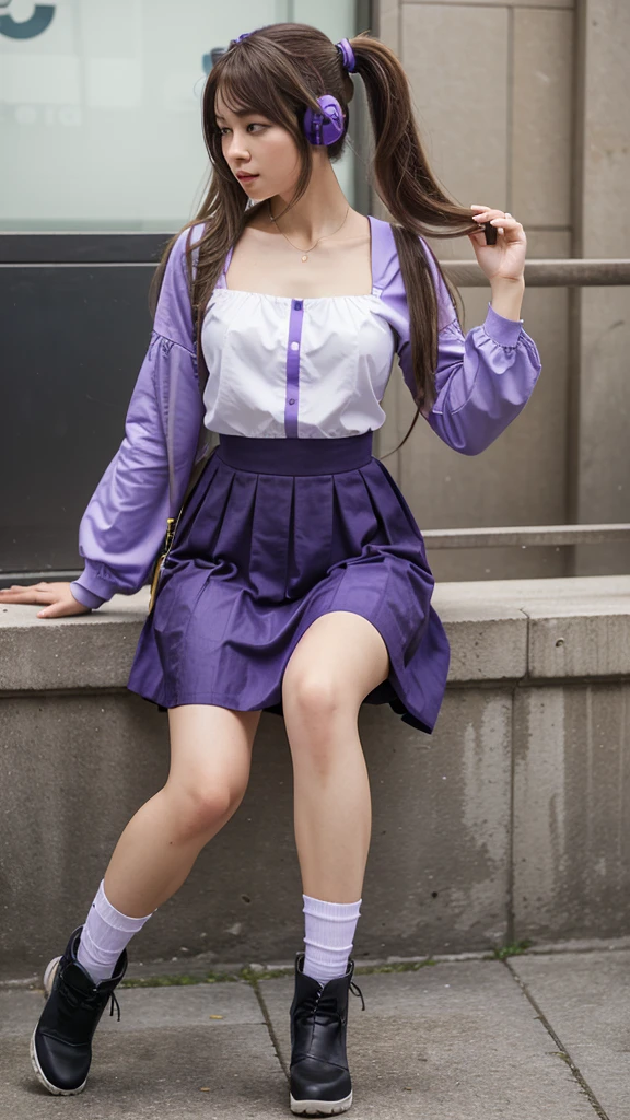 ((masterpiece, best quality))1girl, solo, fashion purple dress modern future, electric guitar, headphones, ponytail, holding, holding plectrum, instrument, very very long brown hair, music, one side up, teal hair, twin tails, playing guiter, pleated long skirt fashion, fashion dress modern purple and white, interior, full body, purple, sit down in retro classic chair, walking, jumping, beautiful boot modern, background japan city, fashion costume cosplay japan modern, execited, dance, jumping, running, fighting