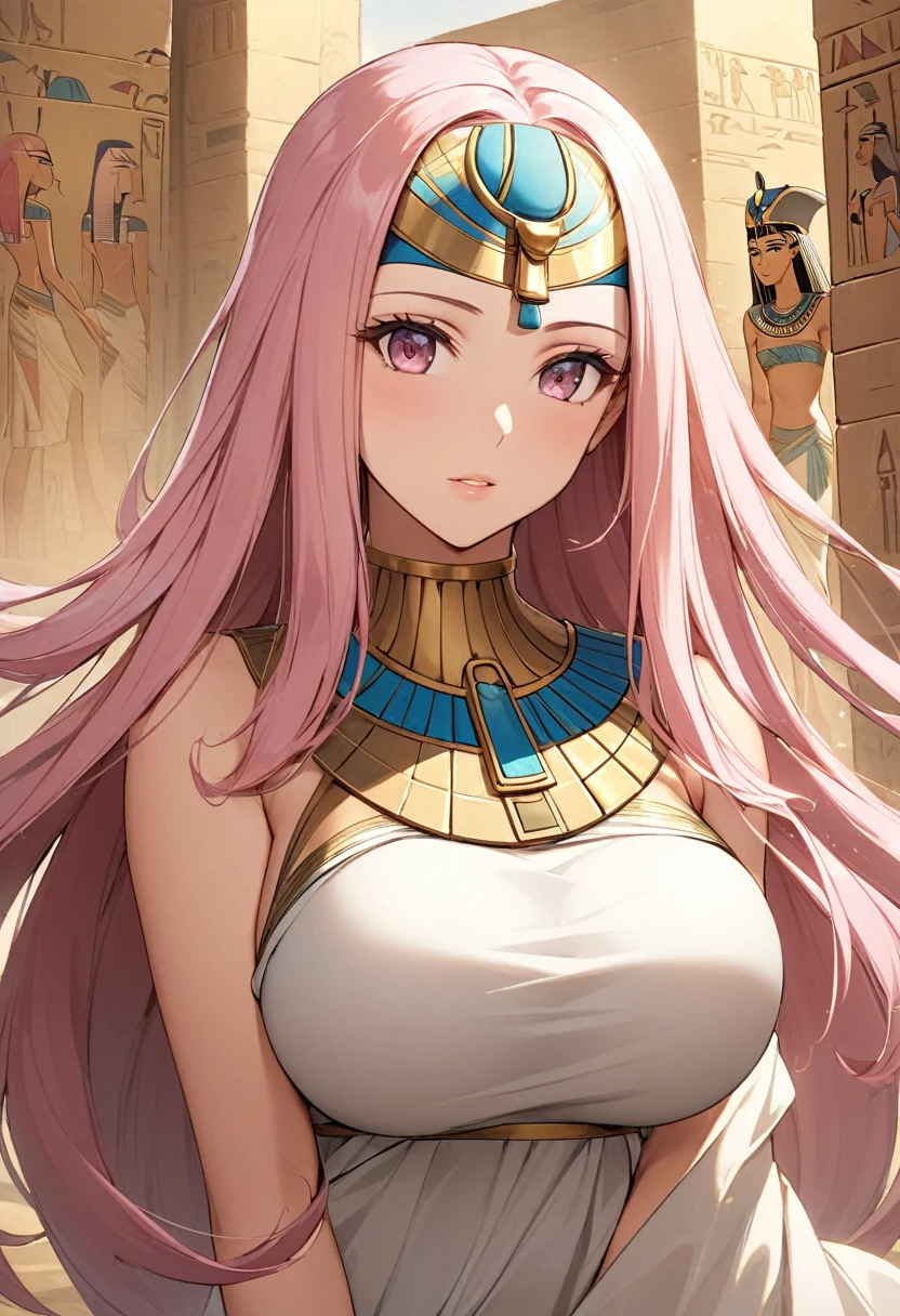 woman, light pink hair, long hair, open forehead, without bangs, голубые глаза, big breasts ancient egypt, clothes of ancient Egypt