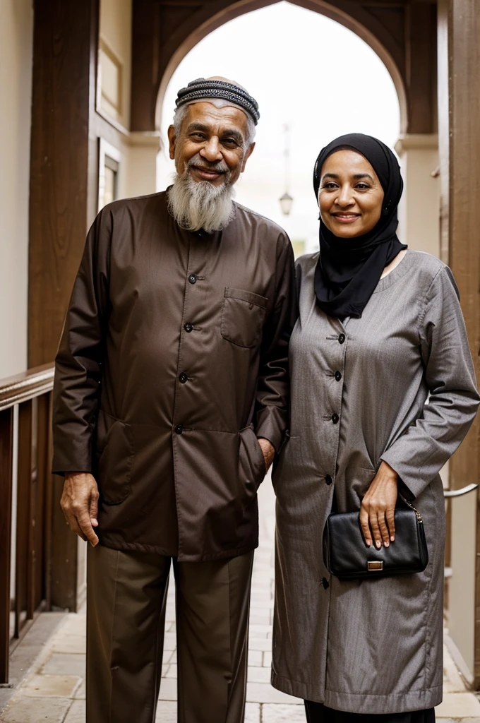 Muslim old couple both light skinned. The man taller than the woman. both happy