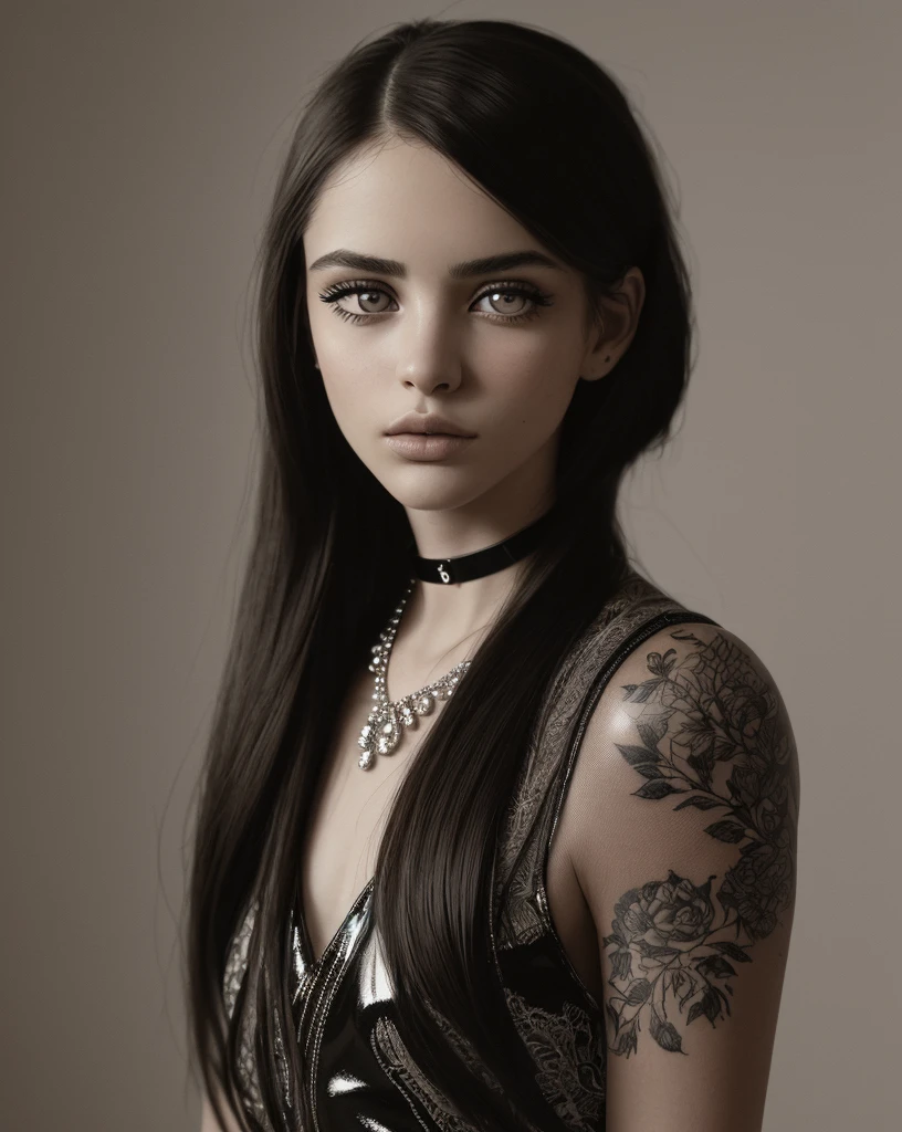 beautiful detailed eyes, beautiful detailed lips, extremely detailed eyes and face, long eyelashes, 1girl, young woman, 19 years old, elegant choker necklace, tattoos, patent leather high heels, (best quality,4k,8k,highres,masterpiece:1.2),ultra-detailed,(realistic,photorealistic,photo-realistic:1.37),high quality portrait, cinematic lighting, dramatic lighting, chiaroscuro, dramatic shadows, dramatic composition, moody, dark and elegant aesthetic, muted color palette, warm color tones