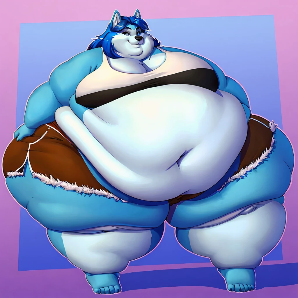 Malamute, female, long blue hair, black and blue body,, huge hips, huge thighs, plump, voluptuous,obese, gorgeous, beautiful, eyelashes, tank top, shorts,fat arms, fat legs, belly rolls, fat rolls, hip fat rolls, double chin, chubby cheeks , barefoot