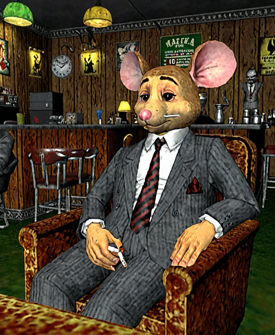 A sad, melancholic, mouse dressed in a suit and tie, mafia style, smoking a cigarette, Sitting in an armchair in a 1950s bar, Playstation 1 Graphics, PS1 Game, low poly, playstation 1 still