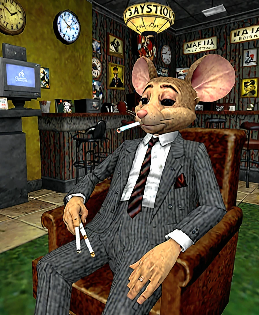 A sad, melancholic, mouse dressed in a suit and tie, mafia style, smoking a cigarette, Sitting in an armchair in a 1950s bar, Playstation 1 Graphics, PS1 Game, low poly, playstation 1 still