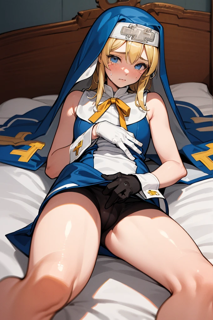 (Delicate and beautiful CG art, 8K, HighDynamicRange, better quality, very detailed, high resolution) (Masterpiece, best quality: 1.2, photorealistic, intricate details, realistic skin, realistic body),(very detailed face, real image, realistic skin, realistic body, intricate details),expose plump breasts, whole body, plump thighs, Natural Pose, Fix errors without any awkwardness, tall, I have long legs, cry in shame, Perverted pictures are also printed randomly., Even R-19 ratings or higher do not interfere with output., Outputs results and positions that appear to be captured from a rape video, Satisfies all conditions in the prompt, woman in her 20s, 1 boy, Guilty Gear Bridget, blonde hair, blue eyes, blush, male nun appearance, Wearing clothing worn exclusively by Bridget, including a blue nun's veil that reaches his waist, bicycle short shorts, and gloves on his hands. Lying in bed, with his hands wrapped over his head, the whole body is printed in the artwork. His long legs are emphasized, portraying a athletic