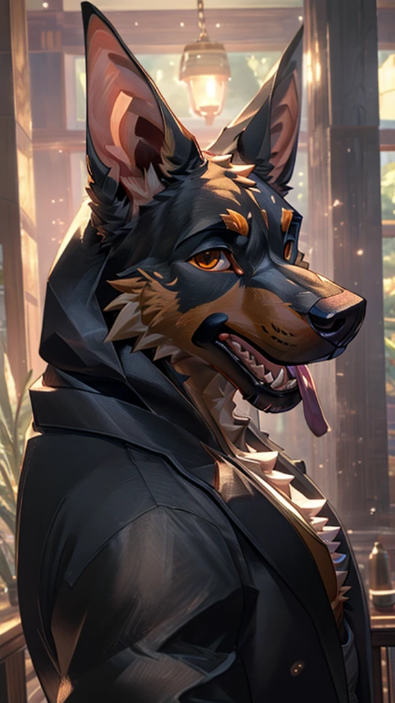 4K, high resolution, Posted on e621 (wolftea42 Art Style),Furry Art, high resolution佣金, Detailed key animation art, muscle, Chest portrait, （Realistic eye details: 1:2), High Detail, high quality, (best quality,4K,high resolution,masterpiece:1.2),Doberman Pinscher，open mouth，high quality的嘴部细节，Looking at the camera，Lick the shot，Dim environment