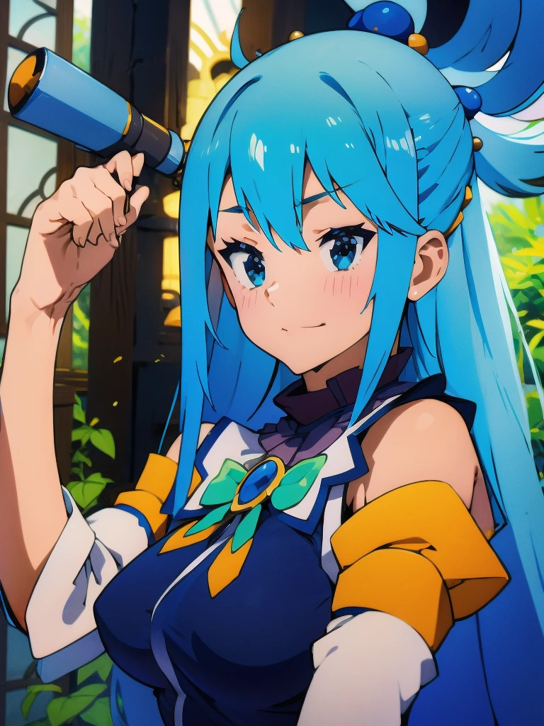 Best Image Quality, 8 k, high quality, masterpiece:1.2), ((masterpiece)), (high detail, high quality, Best Image Quality), solo, 1 girl, Konosuba ,aqua, detailed face, A smirk on his face, looks at the viewer, detailed clothing, detailed fabric, Hair rings, military uniform, Military helmet, Flamethrower, Flamethrower держит в руках, dirt on the face, jungle, palm trees, in a semi-squat, 