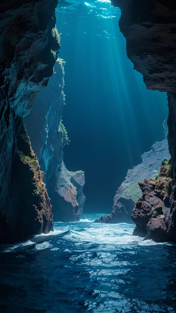 ((a deep sea world where light cannot reach)), dark blue and purple colors dominate, with bioluminescent deep-sea creatures scattered throughout, massive rock formations and eerie swaying seaweed, cliffs at the edges of the frame, (best quality,4k,8k,highres,masterpiece:1.2),ultra-detailed,(realistic,photorealistic,photo-realistic:1.37),extremely detailed deep sea landscape, dark blue and purple color tones, bioluminescent deep sea creatures, towering rock formations, swaying kelp and seaweed, dramatic cliff edges, cinematic lighting, realistic ocean textures